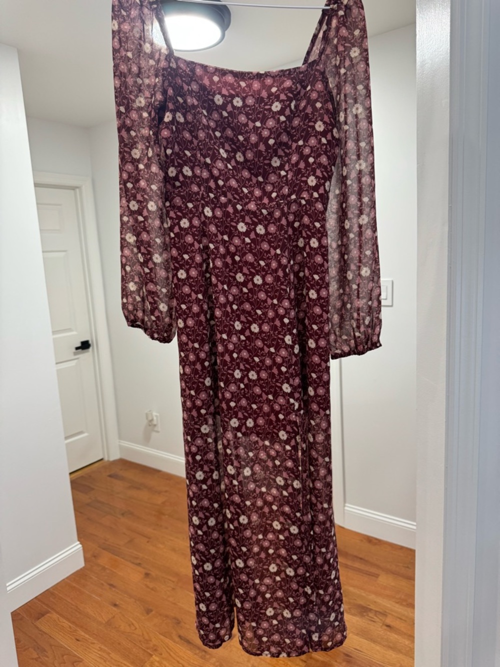 Dress Forum Burgundy Floral Maxi Dress with Sheer Long Sleeves